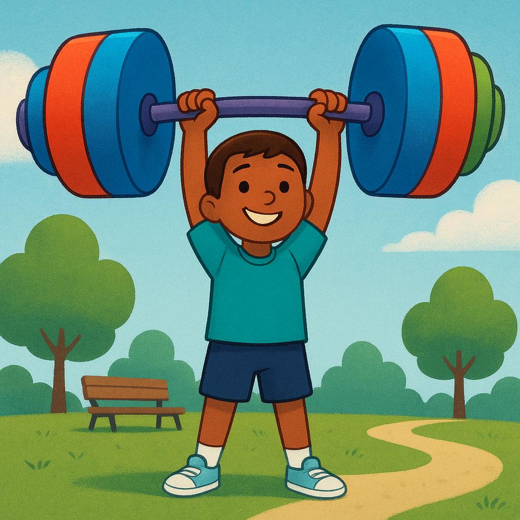 A strong, smiling young character easily lifting a very large, colorful dumbbell above their head, demonstrating great physical ability.
