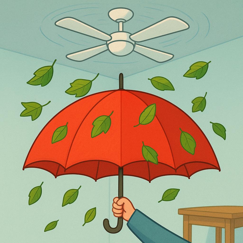 A bright red umbrella is held open indoors beneath a ceiling fan, catching green leaves that are falling from the fan. This action is contrary to reason.