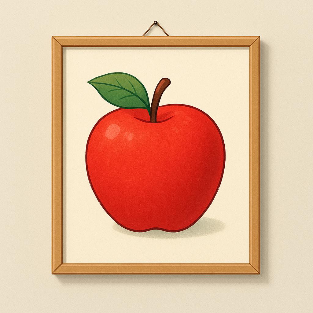 A high quality simple colorful storybook illustration of a framed picture hanging on a wall, depicting a bright red apple with a small green leaf.
