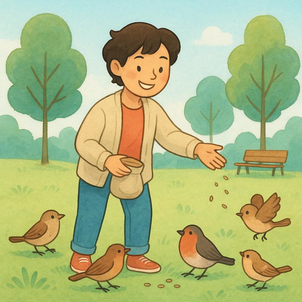 A simple storybook illustration of a cheerful person standing in a park, routinely tossing bird seeds from a bag to several small birds, symbolizing habitual giving.