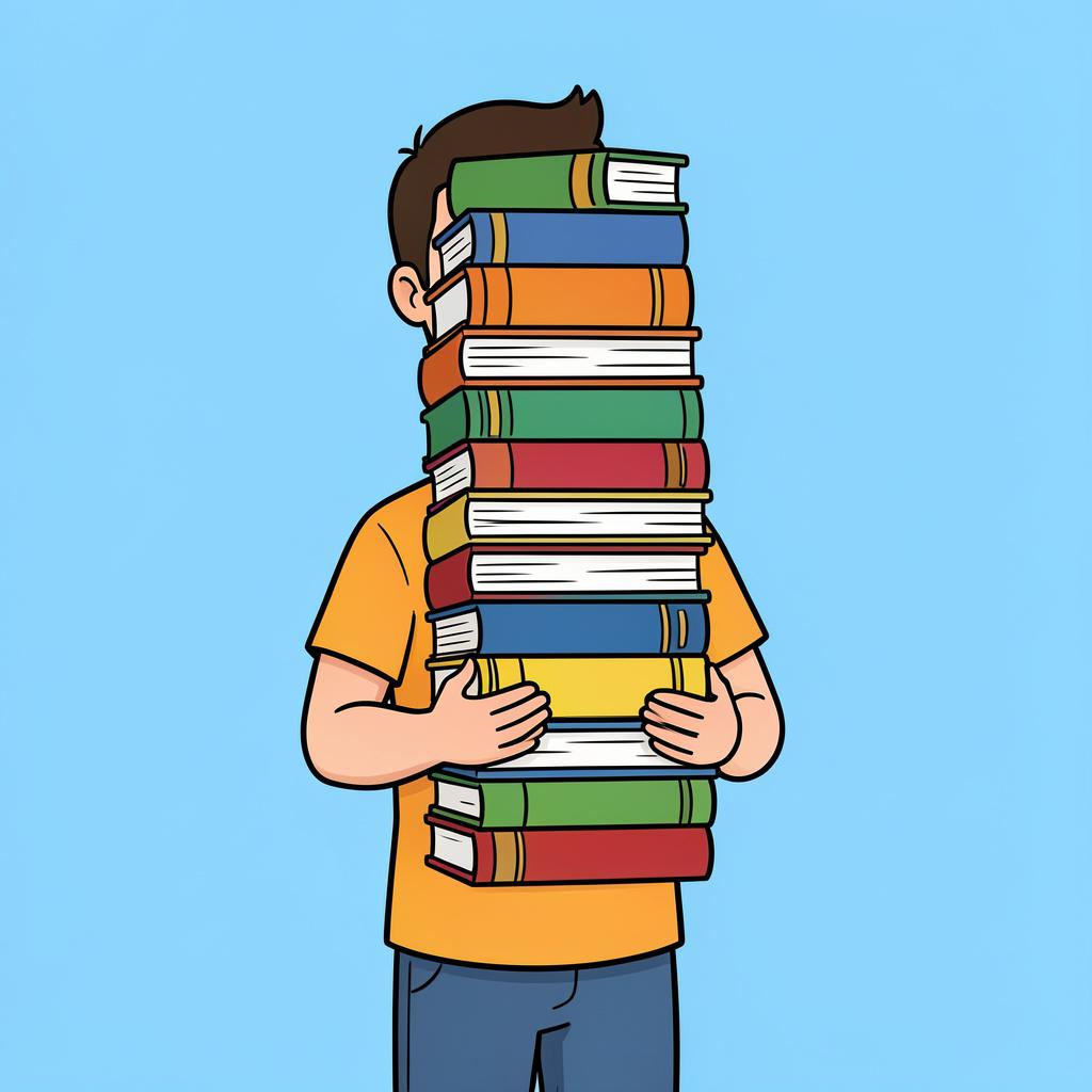 A person carefully balancing a tall stack of colorful books to keep them from falling.