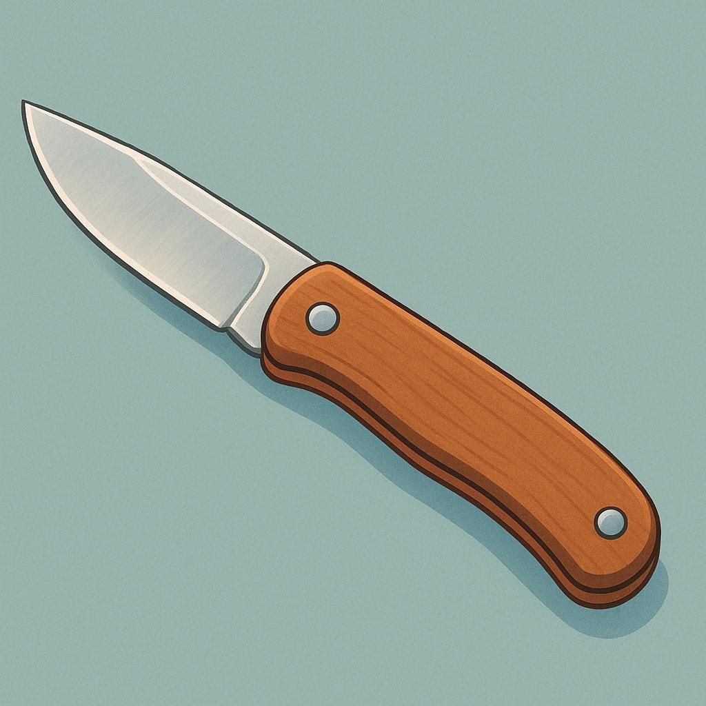 A small, open folding pocket knife with a silver blade and a wooden handle.