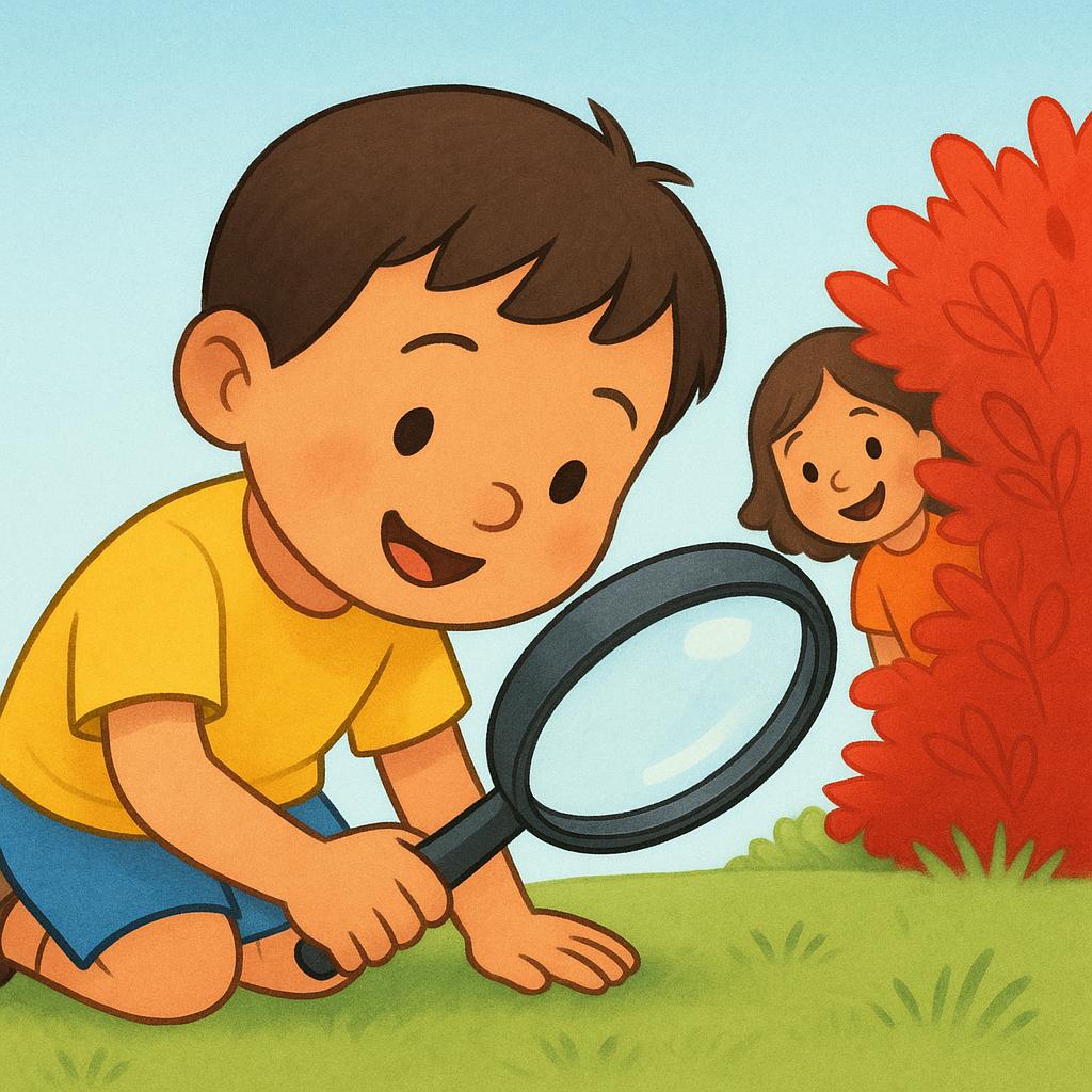 A high quality storybook illustration showing a small, cheerful child holding a large magnifying glass and bending down, actively searching for a second, slightly hidden child behind a bright red bush in a garden.
