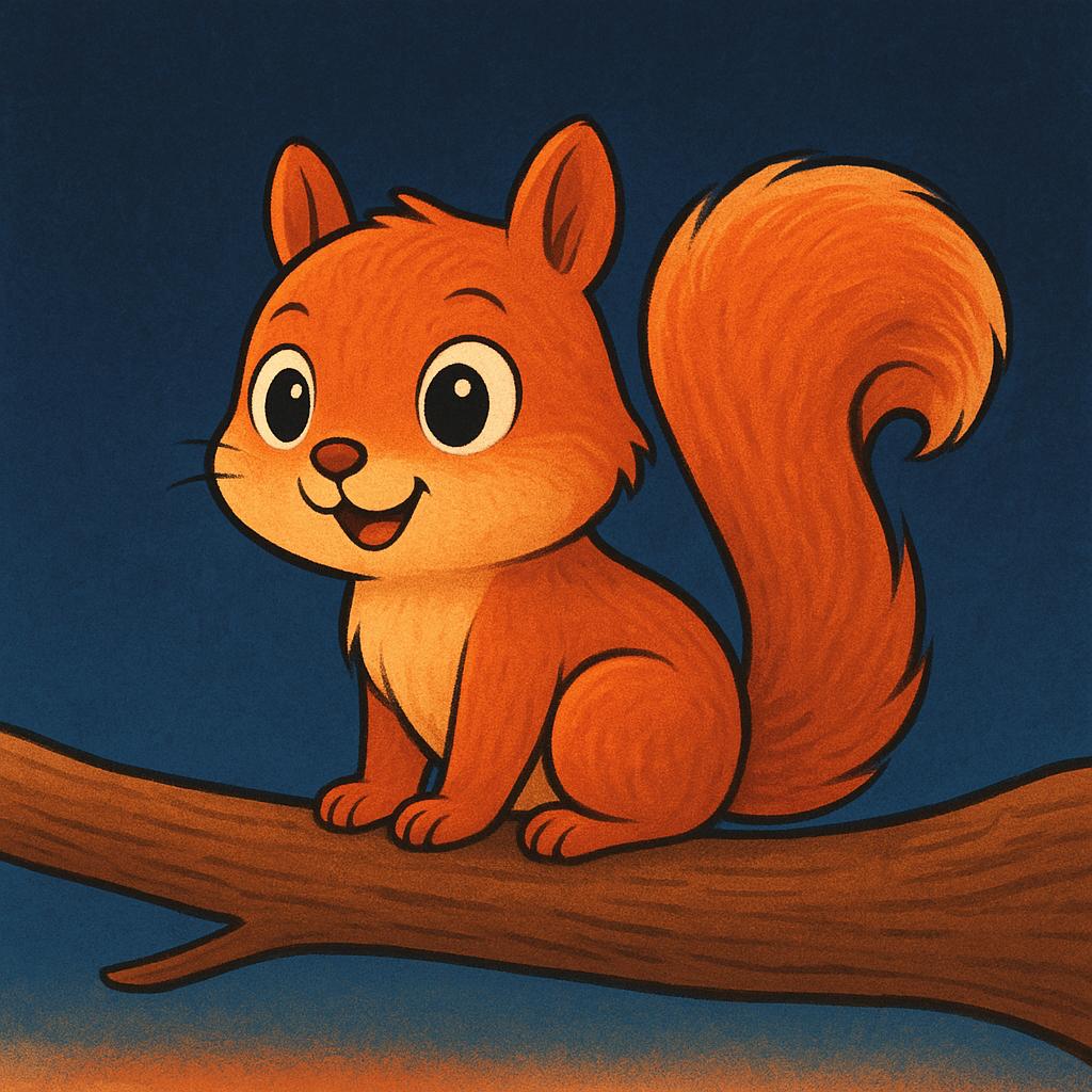 A cheerful squirrel is sitting wide awake on a tree branch against a dark blue sky with the first hint of sunrise on the horizon, illustrating an action happening early.