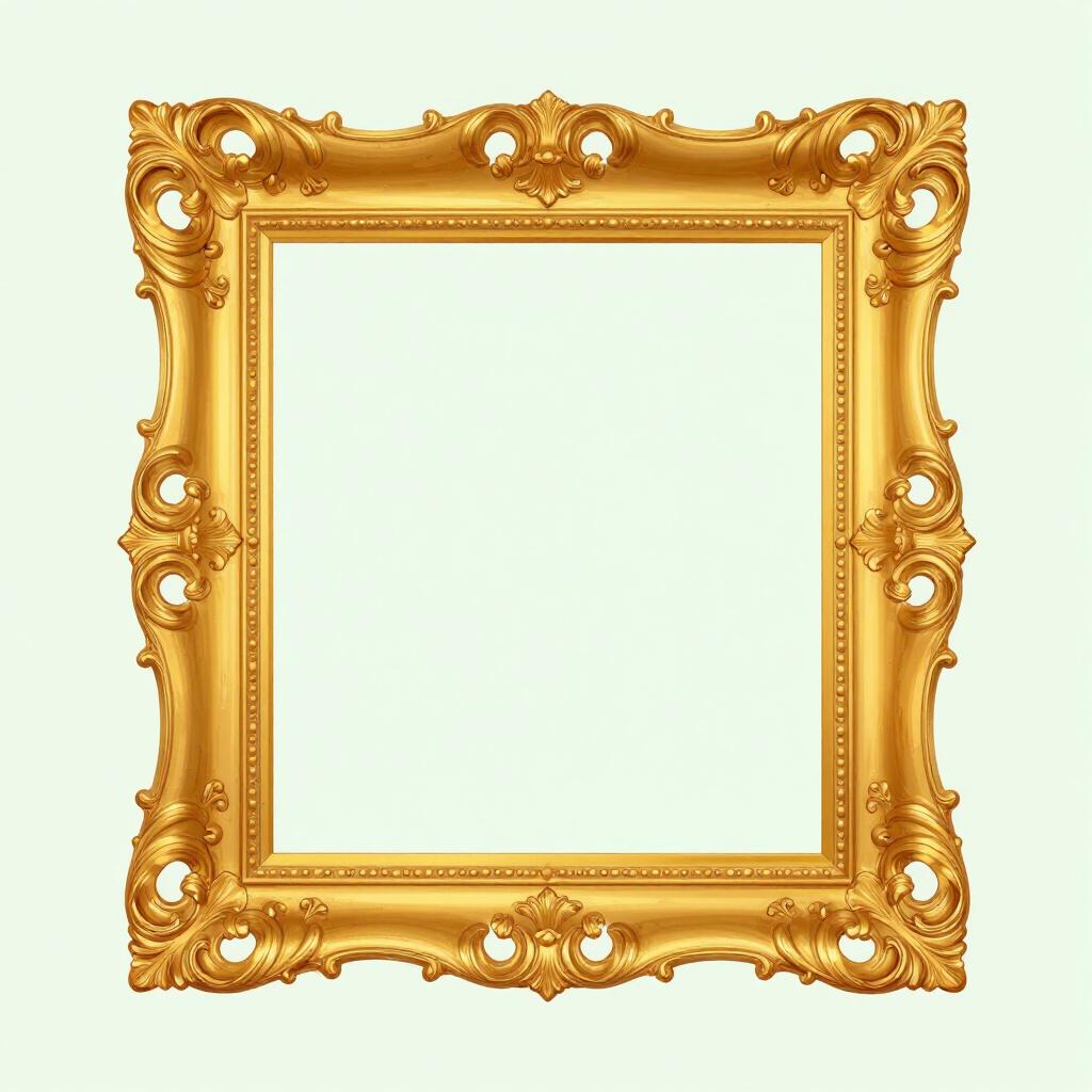 A highly decorative gold picture frame with intricate swirls and floral patterns.