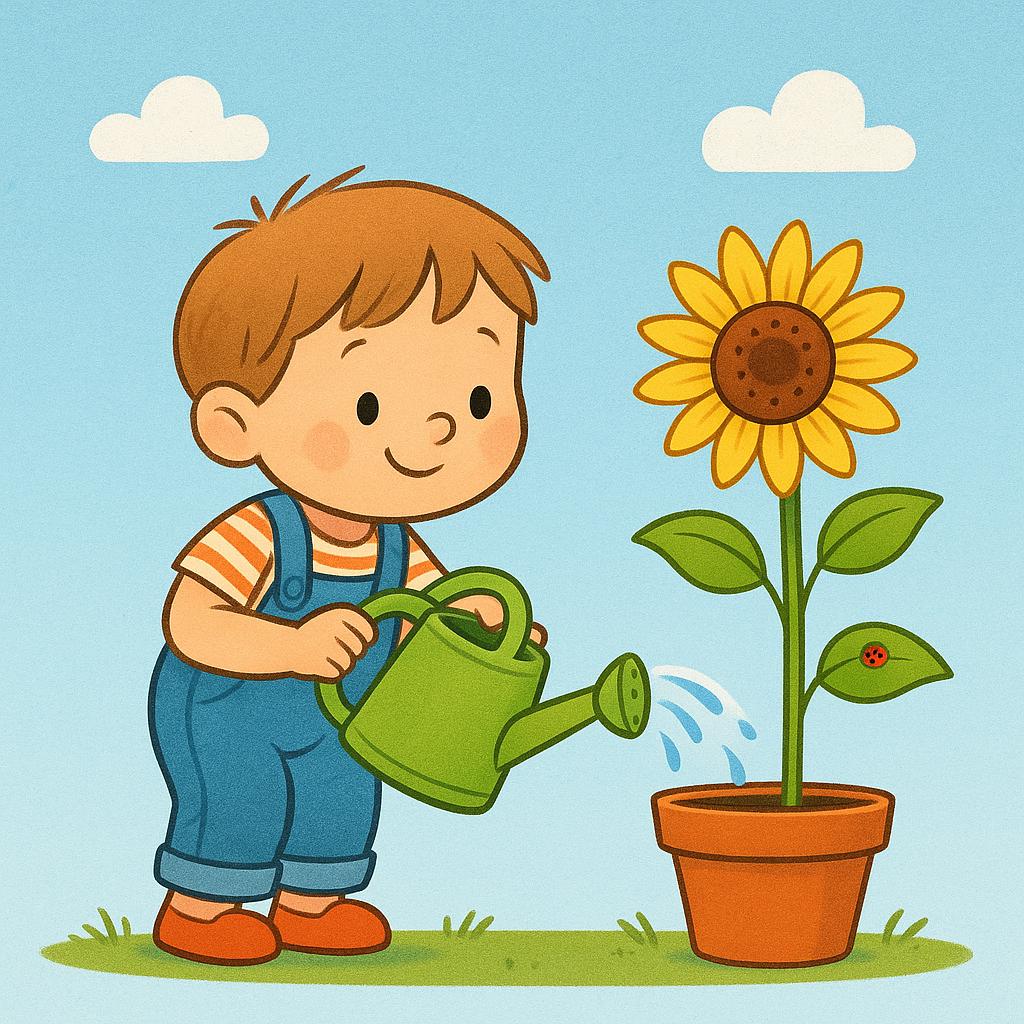 A cartoon illustration of a small child actively pouring water from a bright green watering can onto a potted sunflower.