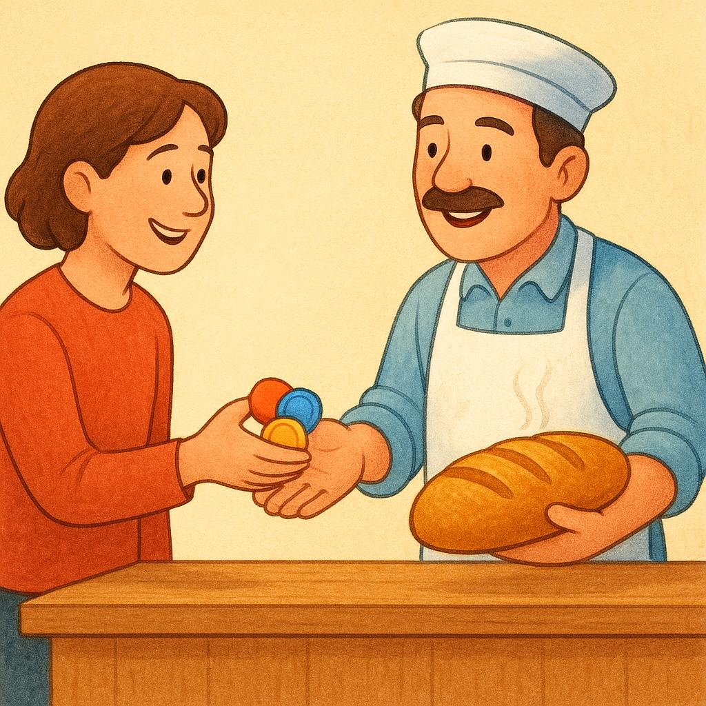 A happy customer handing cash to a vendor across a counter in exchange for a product, illustrating a financial transaction.