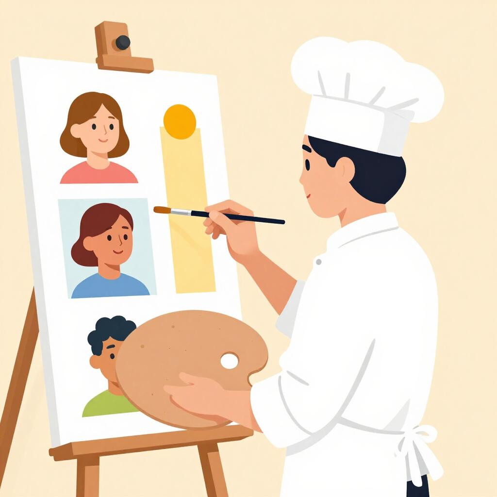 A colorful illustration of a person wearing a chef's hat while holding a paintbrush and a palette, showing different skills.