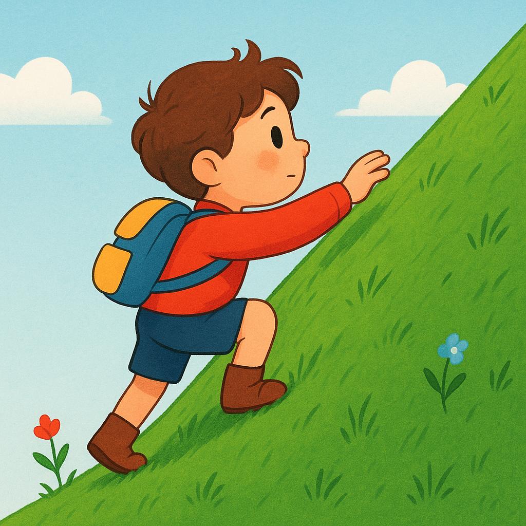 A simplistic illustration of a child figure climbing a steep green hill, showing physical upward movement.