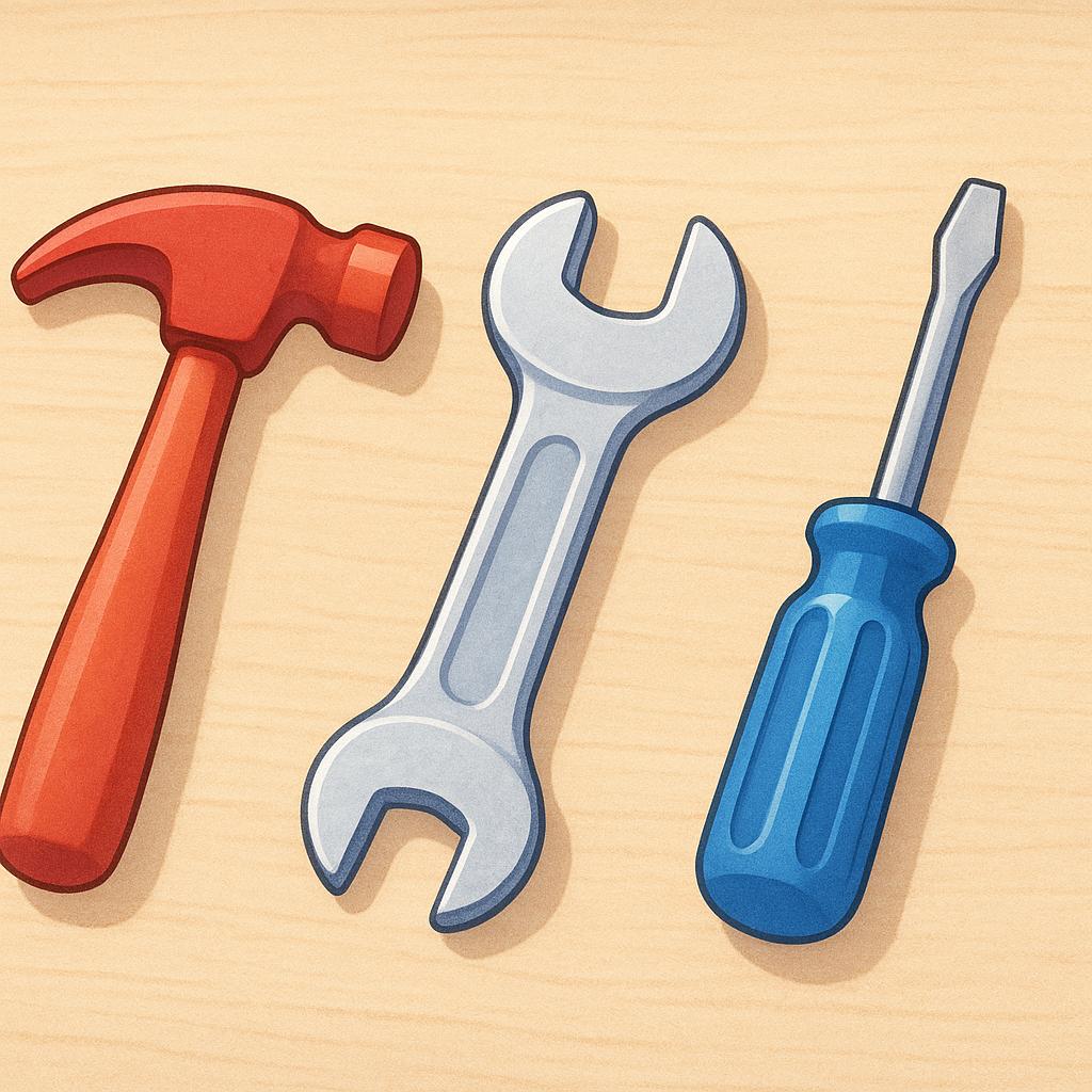 A simplistic illustration showing three common hand tools: a red-handled hammer, a silver wrench, and a blue-handled screwdriver.