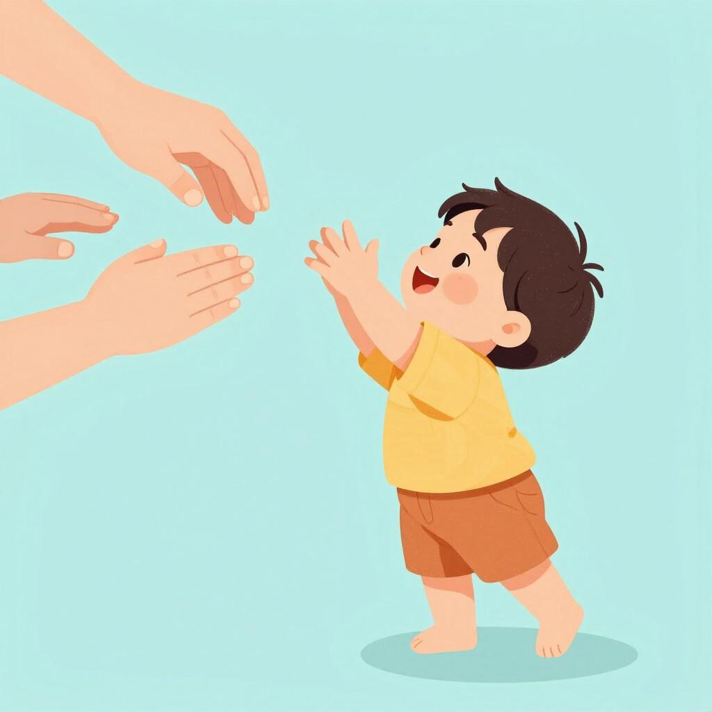 赤ちゃんが抱き上げてもらうために、大人の手に手を伸ばしている様子。