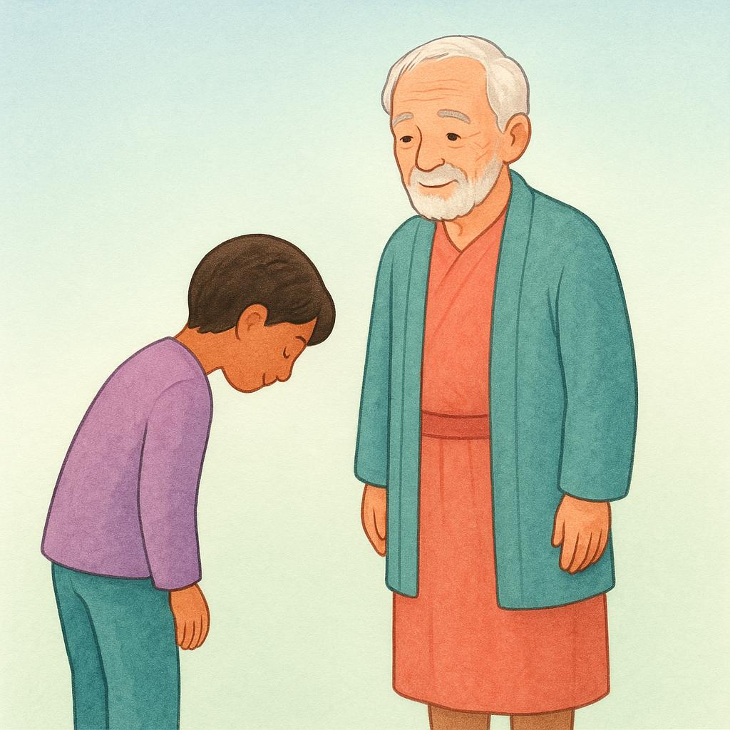 A young person bowing slightly to an elderly, distinguished man, symbolizing respect and honor.