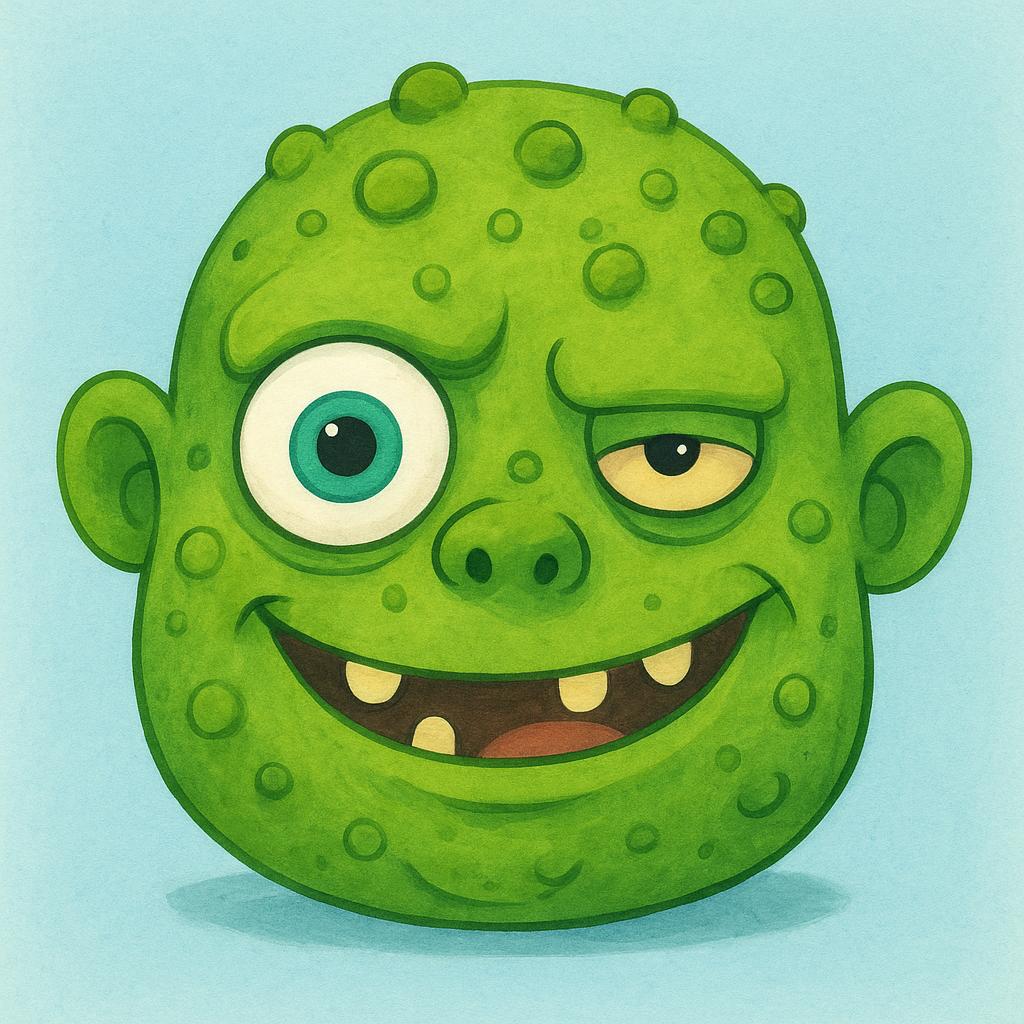 A single, centrally placed, green, lumpy, disproportionate monster face with mismatched eyes and warts, illustrating the concept of being ugly.