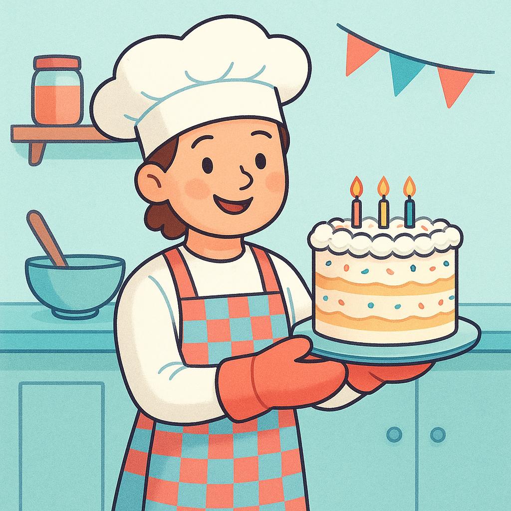 A high quality storybook illustration of a small, cheerful baker holding a freshly baked and decorated cake, signifying a completed task.