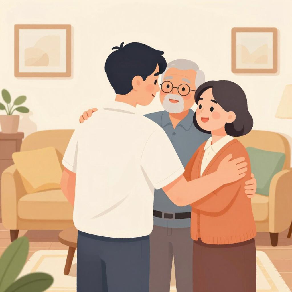 A happy family scene where a young man is warmly welcomed with a hug by an older couple in a cozy living room.