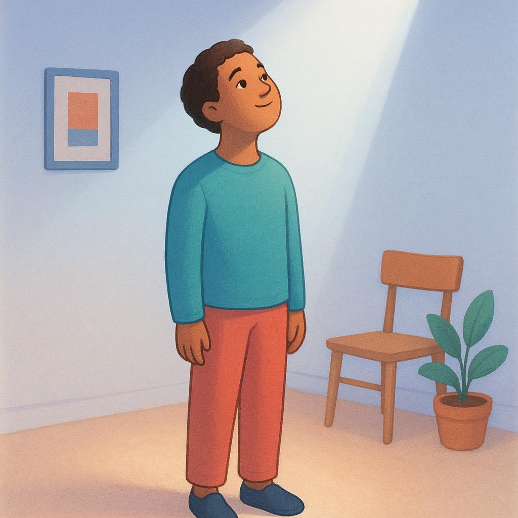 A person stands looking up thoughtfully as a soft, ethereal light shines down on their face, symbolizing the act of belief or acceptance.