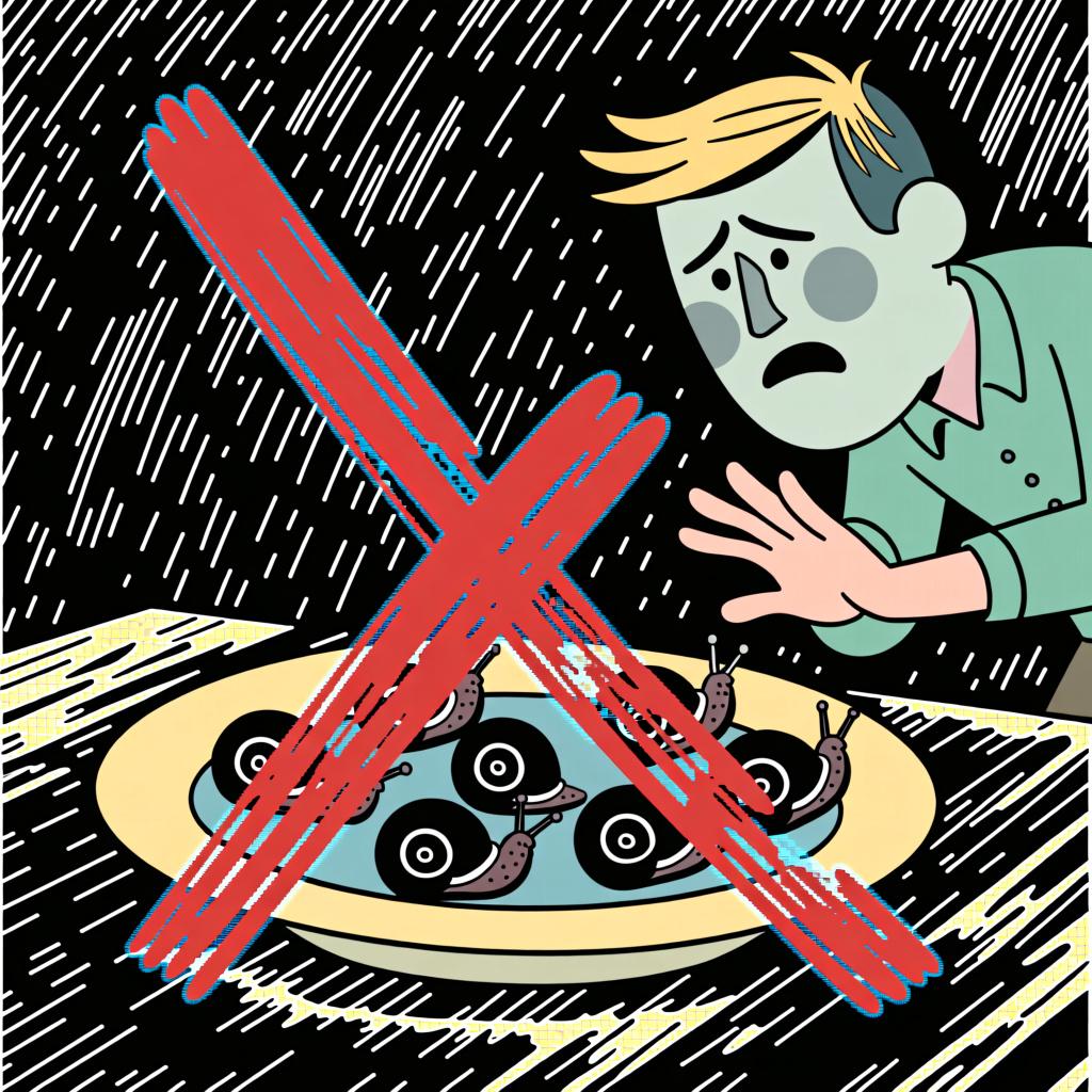 A person with a look of disgust shaking their head 'no' at a plate of slimy snails, with a large red 'X' drawn over the plate to signify 'never'.