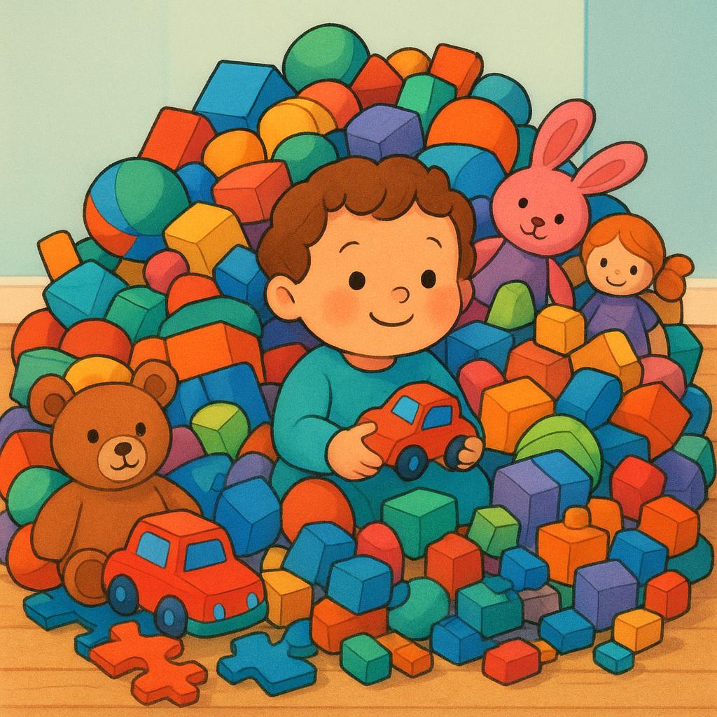 A drawing of a small child sitting on the floor, completely overwhelmed and buried under an enormous, excessive pile of brightly colored toys that surrounds them.