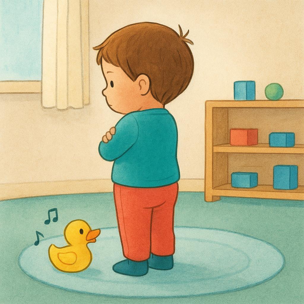 A small child sitting on the ground, deliberately turning their back away from a brightly colored, squeaking toy nearby, refusing to acknowledge it.