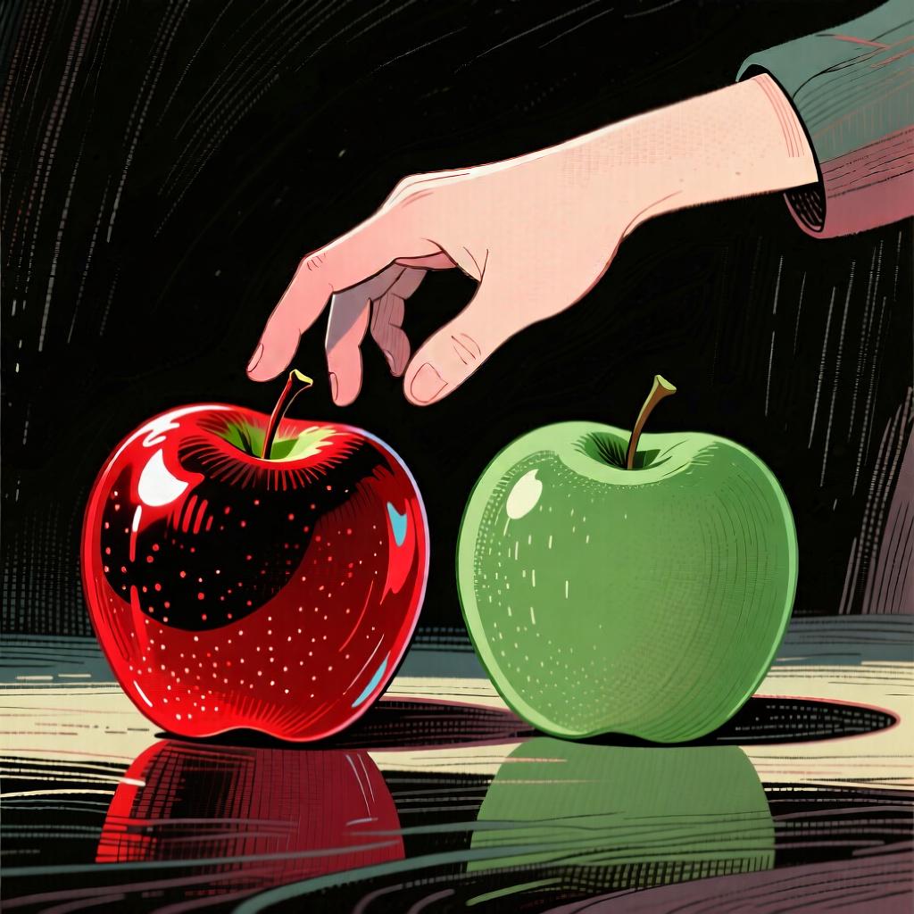 A hand choosing a shiny red apple over a simple green one, representing the concept of 'better'.