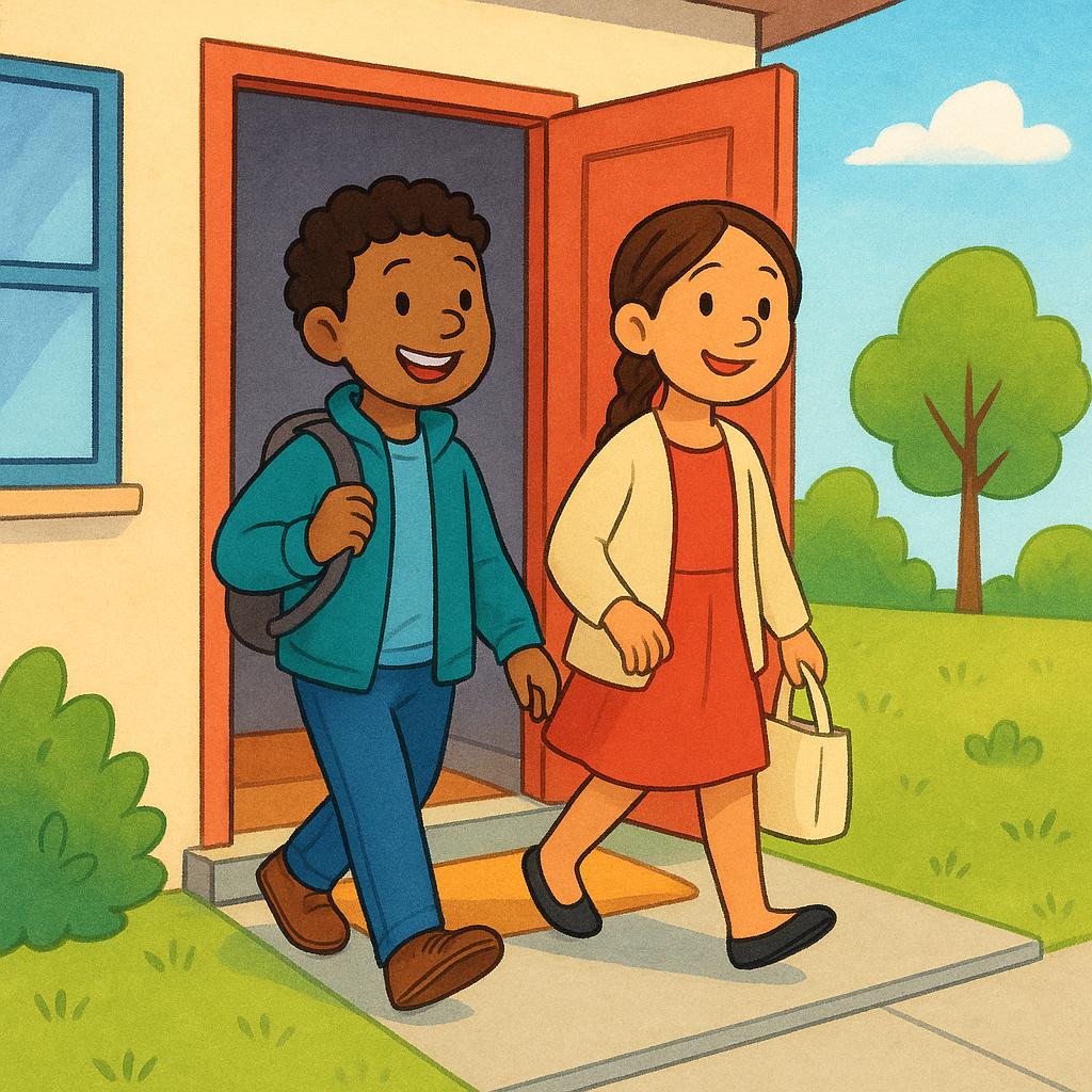 Two smiling figures are stepping through an open doorway, exiting a brightly colored house and moving onto a path.