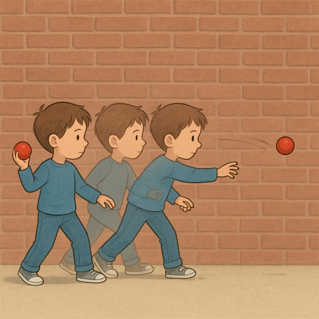 A cheerful young boy is depicted repeatedly throwing a small, red rubber ball against a brick wall, illustrating a customary past action or habit.