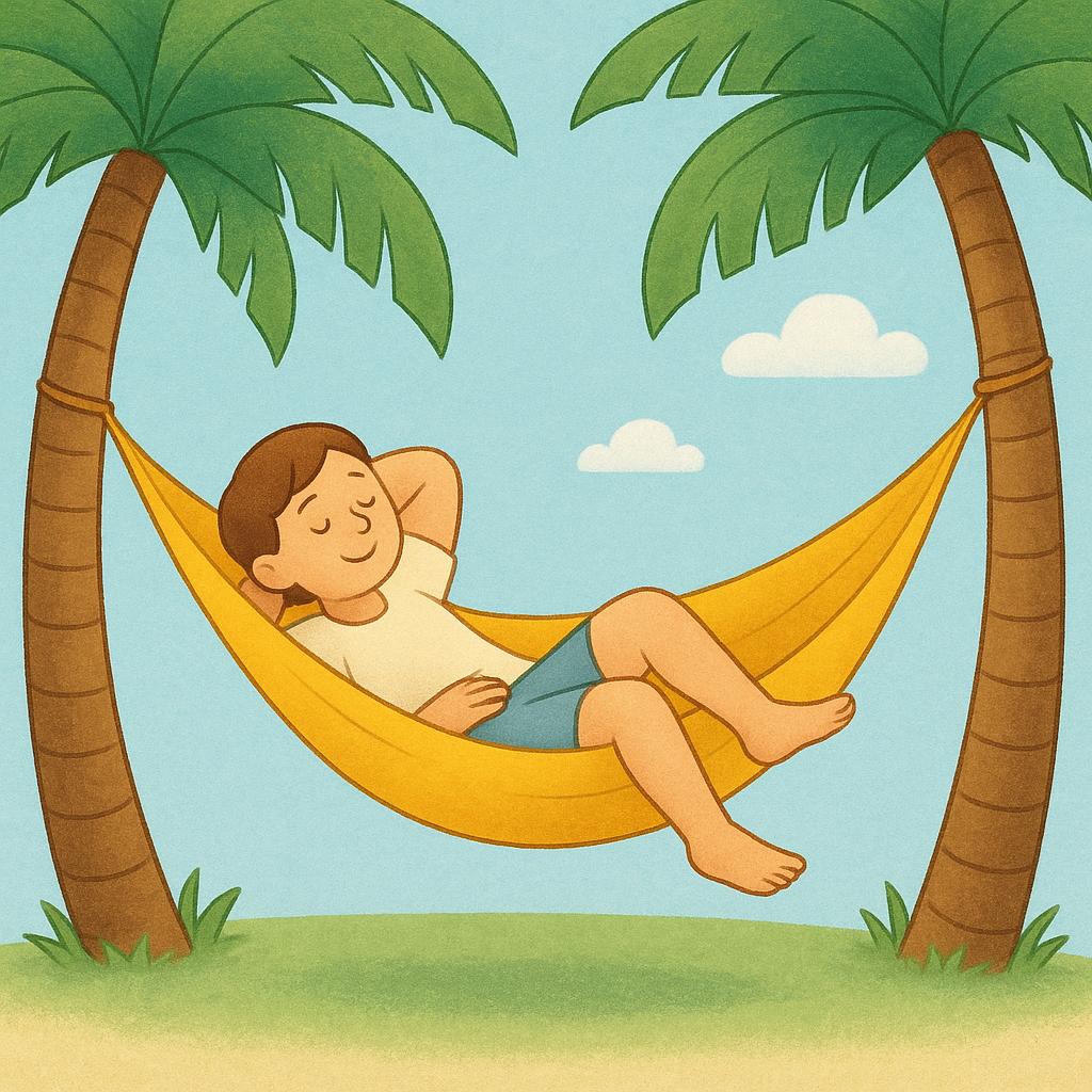 A colorful illustration showing a happy person peacefully relaxing in a bright yellow hammock tied to two palm trees, representing taking a break or time for oneself.