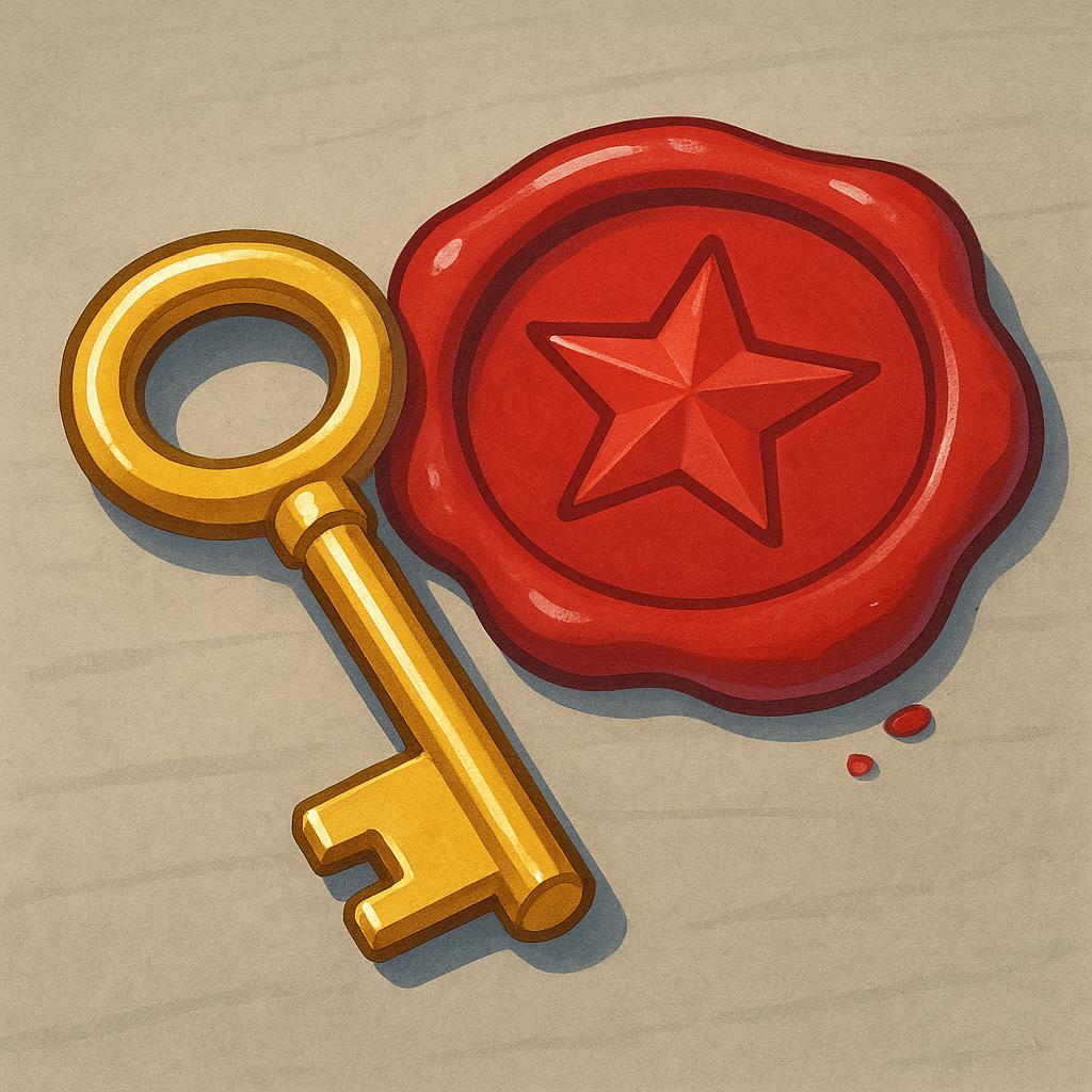 A shiny golden key resting on a white surface next to a large, prominent red wax seal with a simple star embossed on it, indicating official status.