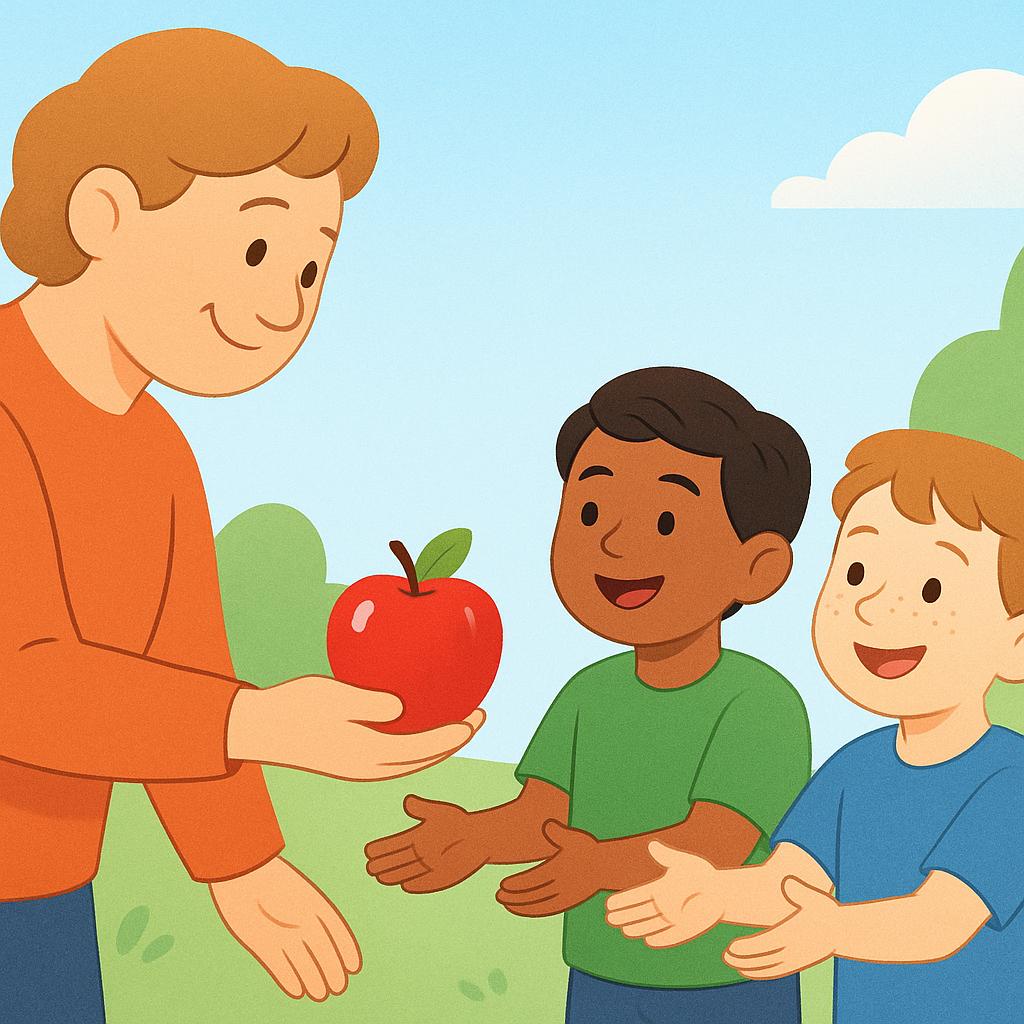A friendly adult figure standing and handing a bright red apple to the outstretched hands of one of three eagerly waiting, smiling children.