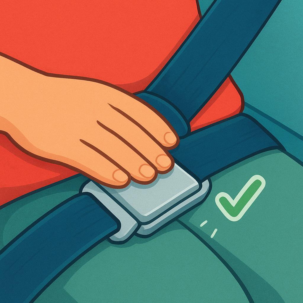 A close-up view of a hand pressing down firmly on a securely fastened seatbelt buckle, symbolizing the action of verifying security.