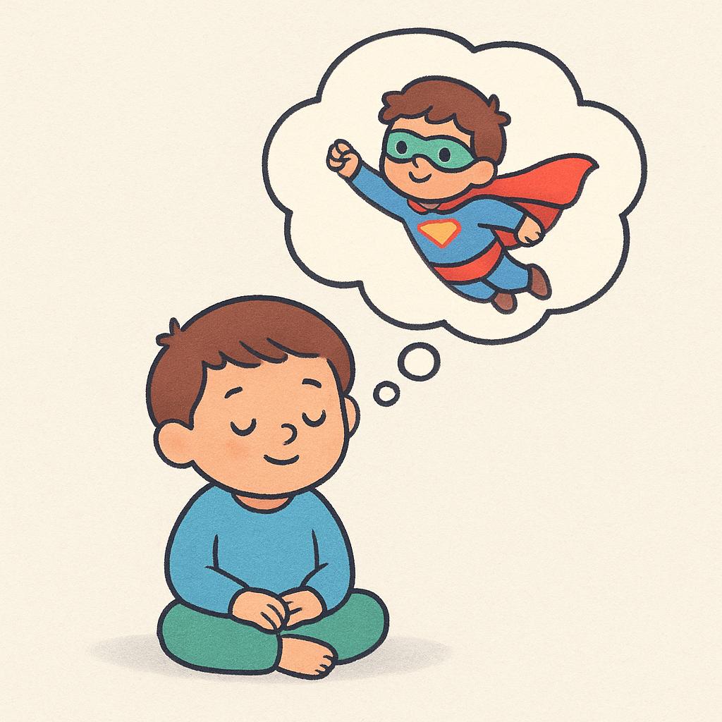 A small child sitting quietly, looking upward. Above their head, a simple, colorful thought bubble contains an image of the child dressed as a flying superhero, representing a hypothetical state of being.