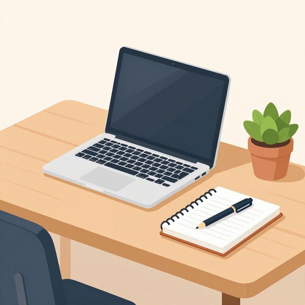 仕事環境を表す、ノートパソコン、ノート、小さな鉢植えのあるデスク。