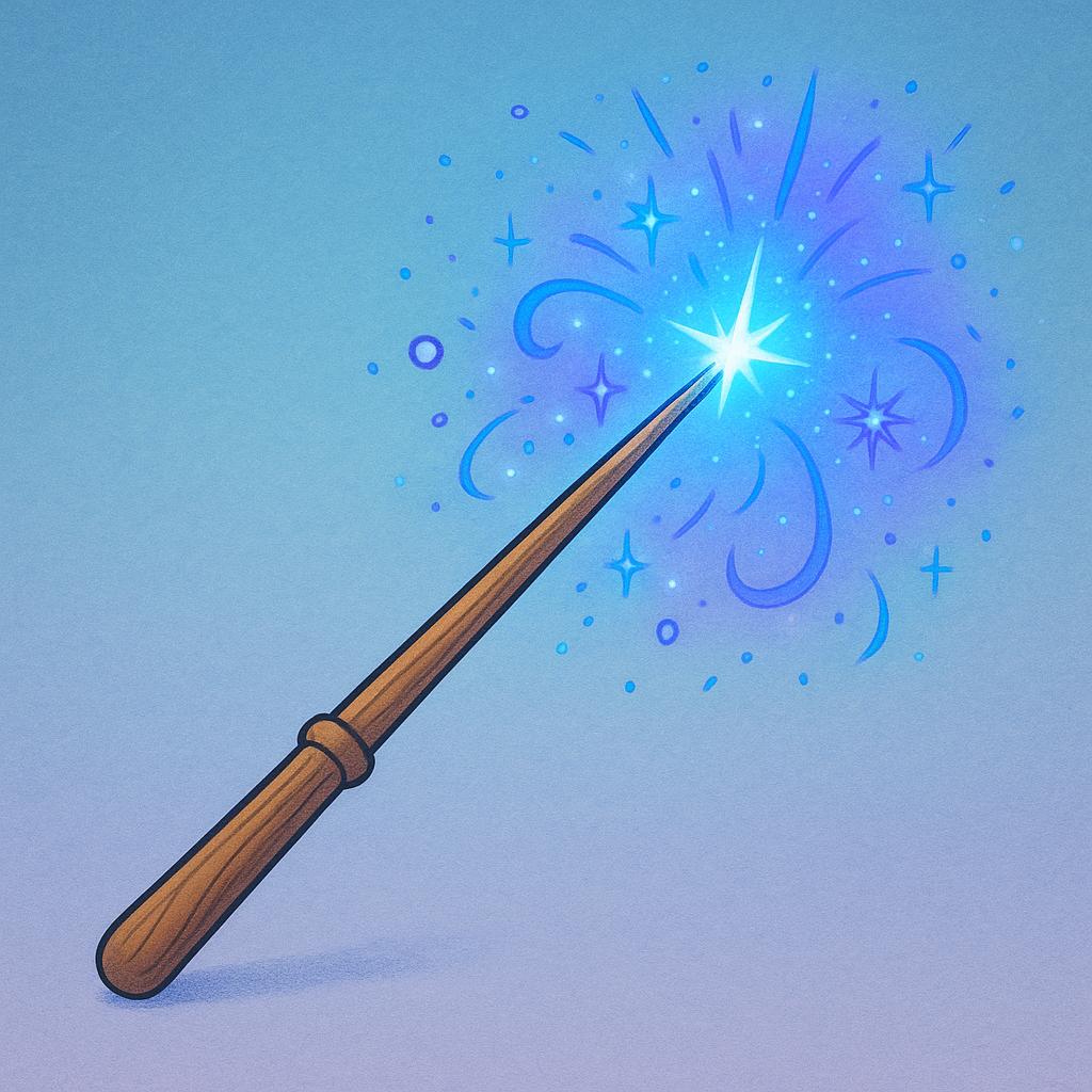 A close-up view of a simple wooden magic wand emitting bright blue and purple sparks against a dark background.