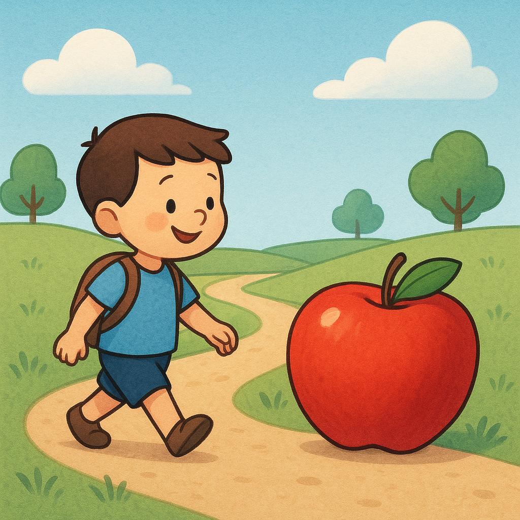 A young boy walking along a path towards a large red apple resting on the ground, clearly showing the action of moving closer.