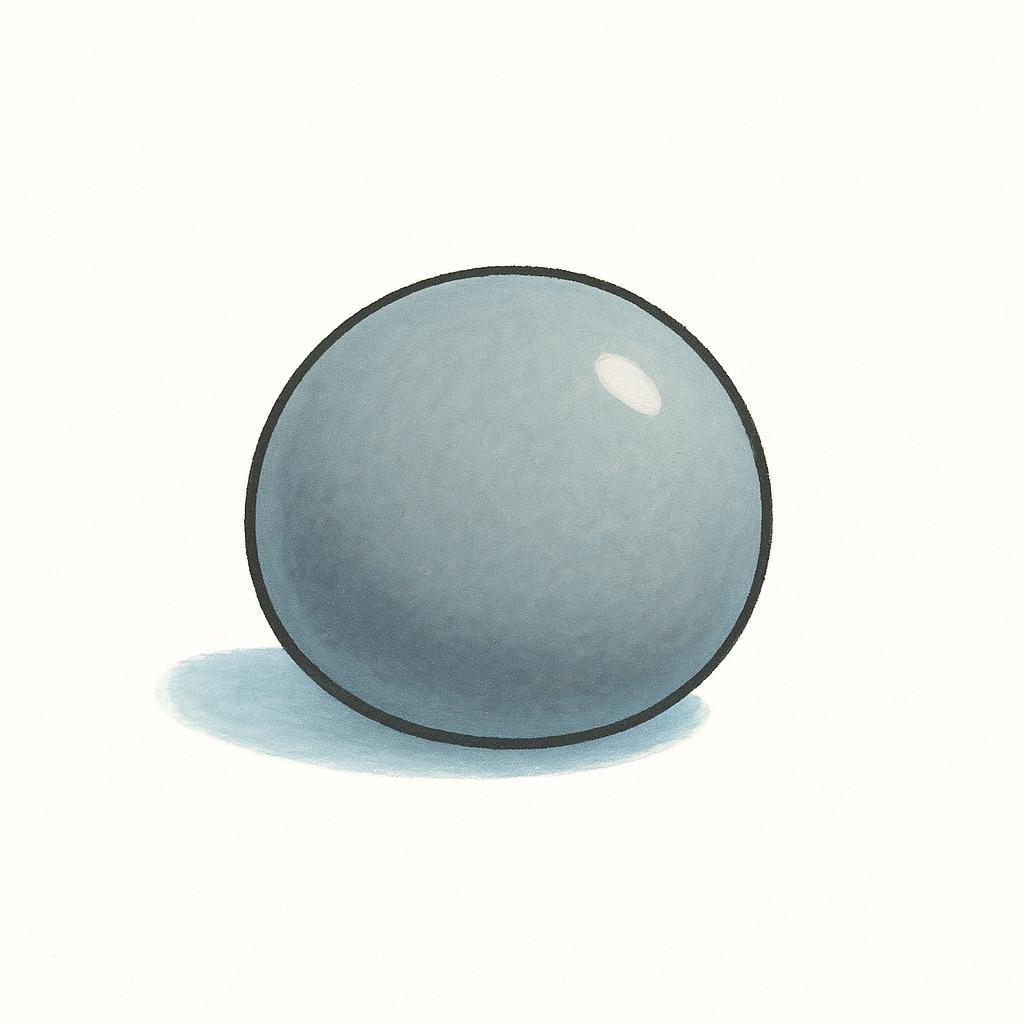 A smooth, round gray pebble resting on a minimal white surface, illustrating the color gray.
