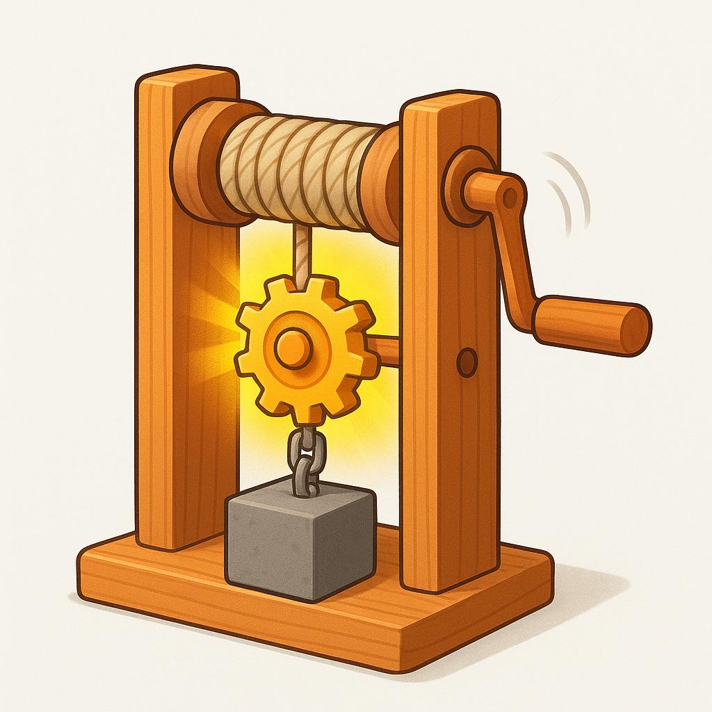 A simple, brightly colored wooden crank machine successfully lifting a small, heavy gray cube. A bright yellow glow radiates from the mechanism, symbolizing successful operation.