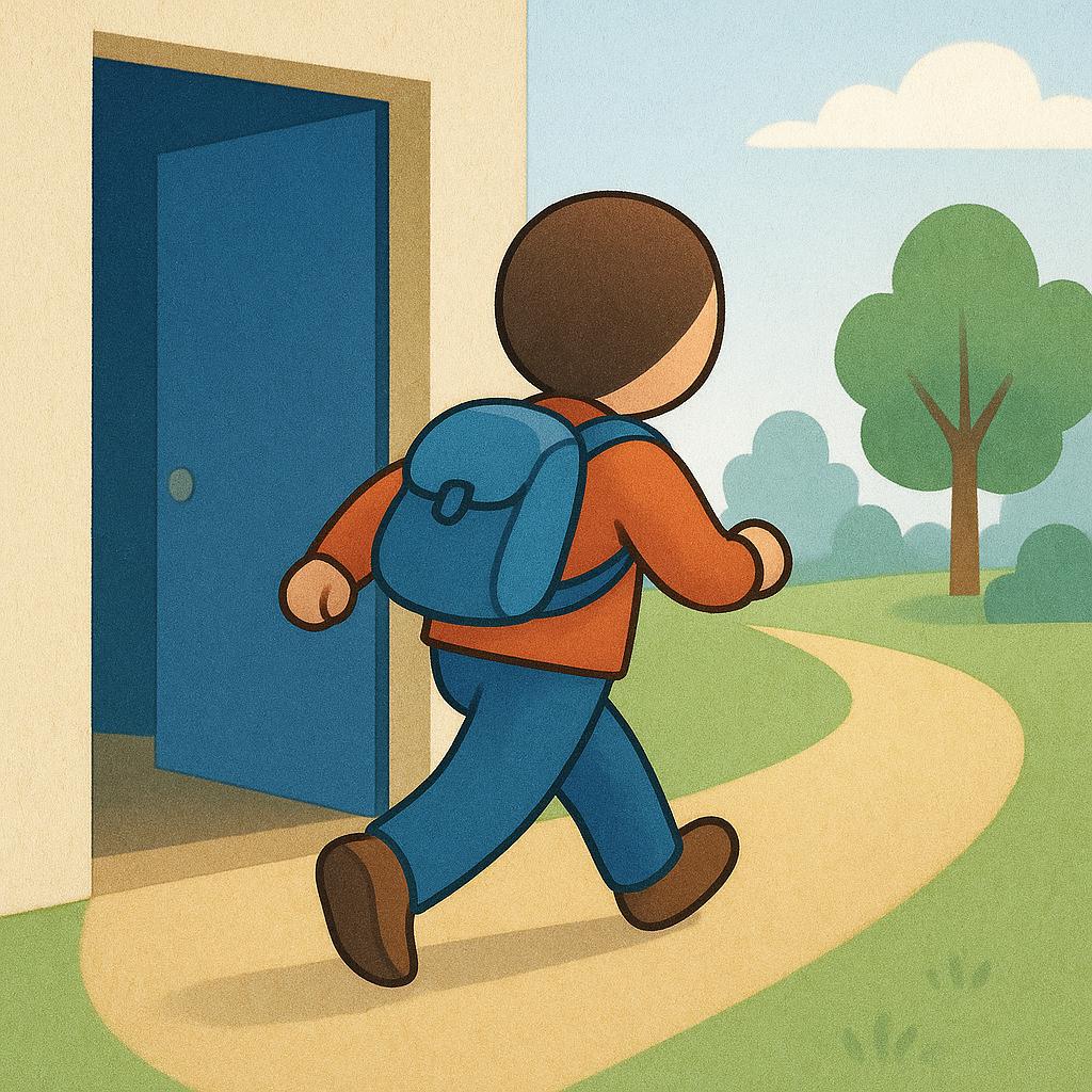 A simplified illustration of a person seen from the back, wearing a small backpack, actively walking away from an open doorway and stepping onto a path, signifying departure.