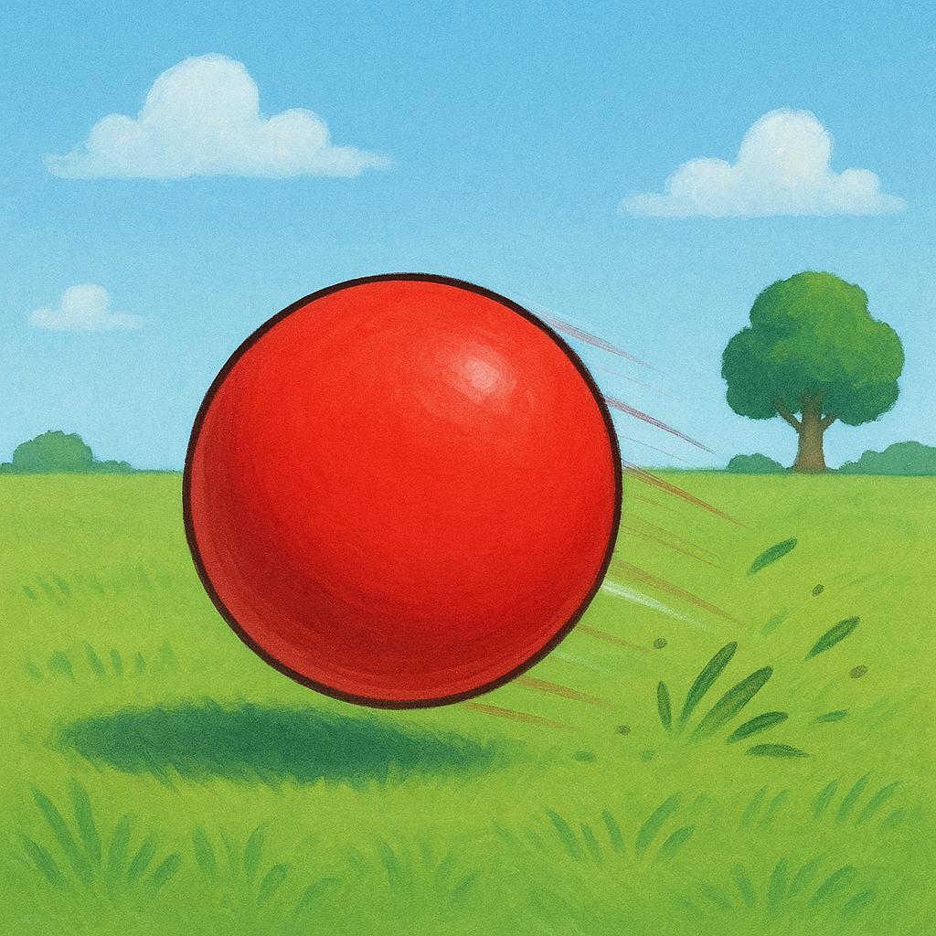 A bright red spherical ball is depicted mid-roll, moving quickly across a simple green grassy field, illustrating physical motion.