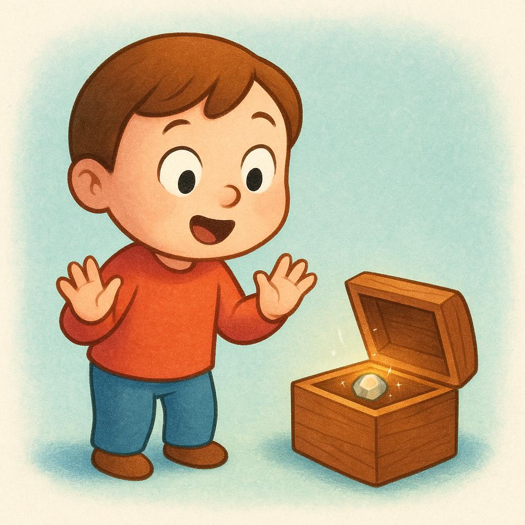 A person looks surprised and enlightened after finding a secret object hidden inside a partially opened box.
