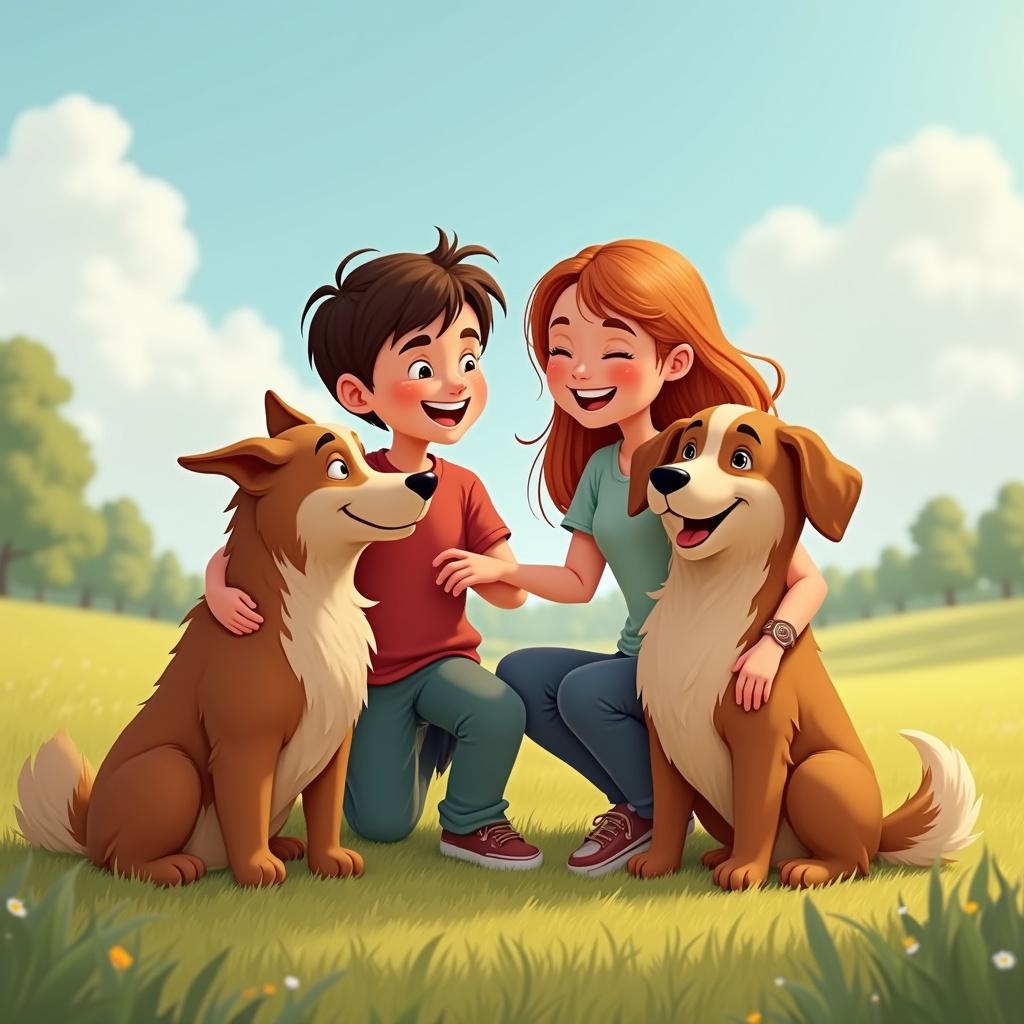 Two friends smiling and petting two large, happy dogs in a sunny, grassy field, symbolizing shared ownership.