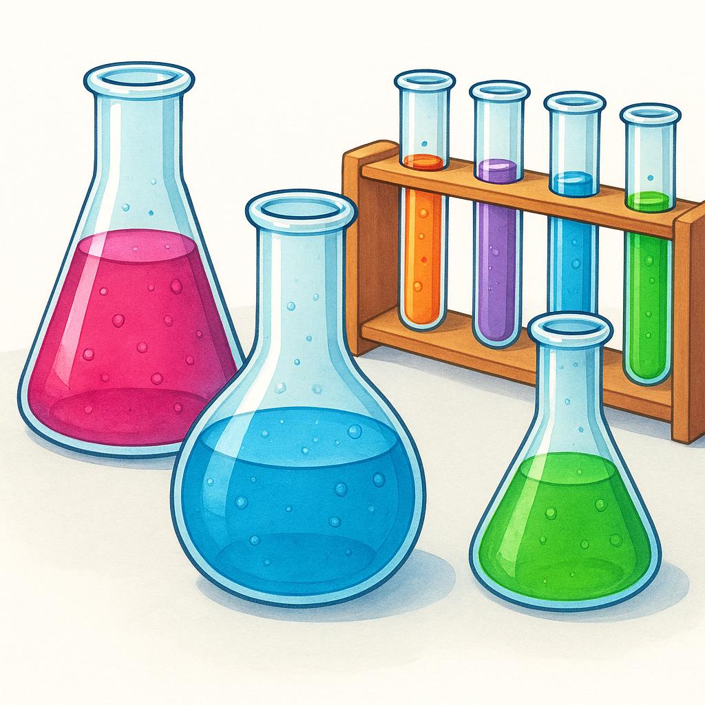 A collection of brightly colored liquids in simple glass beakers and test tubes, representing various chemicals.
