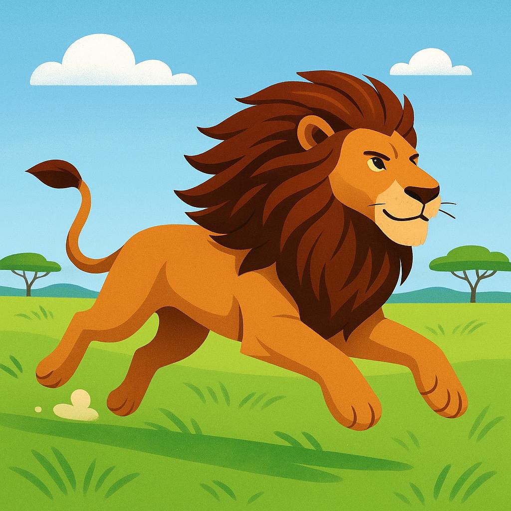 A powerful male lion with a flowing mane running freely across a vast, open green savanna under a bright sun.