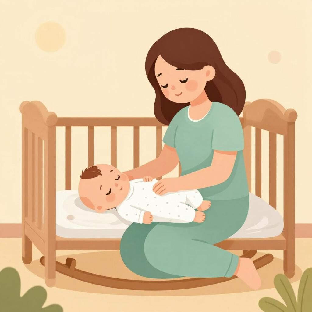 A mother gently rocking a sleeping baby in a wooden cradle.