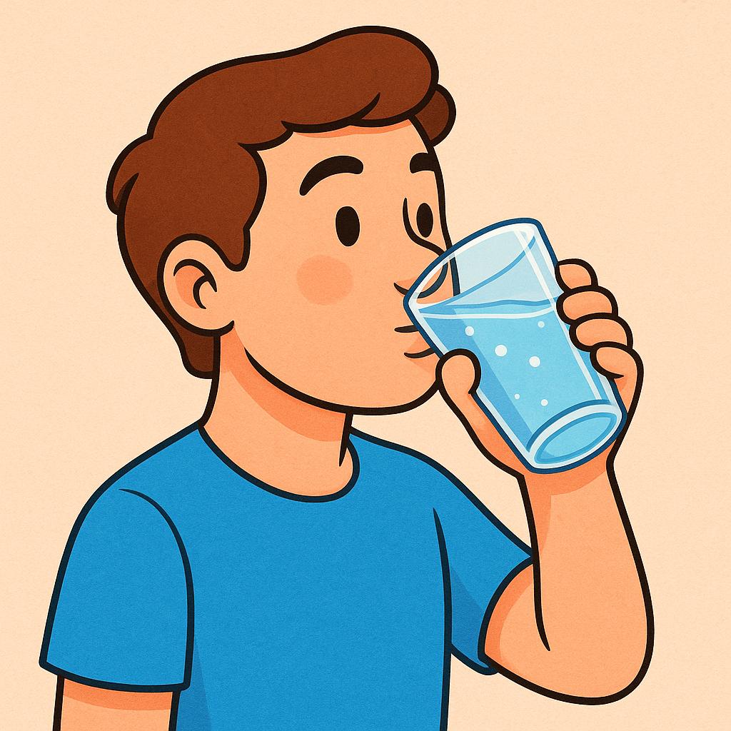 A simple storybook illustration of a young person holding a clear glass of water to their lips, actively drinking.