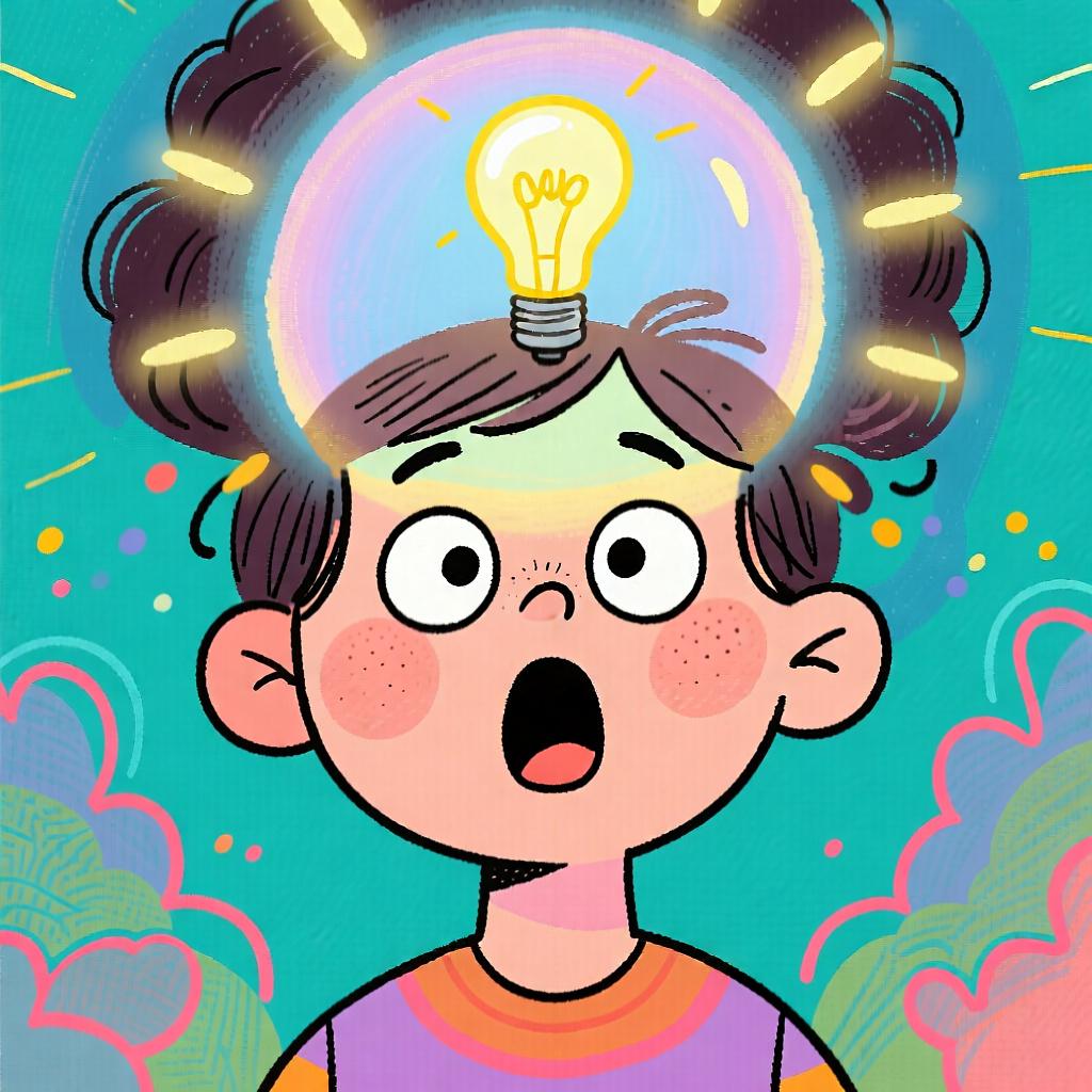 A person showing sudden realization with wide eyes and an open mouth, with a soft glow emanating from above their head.