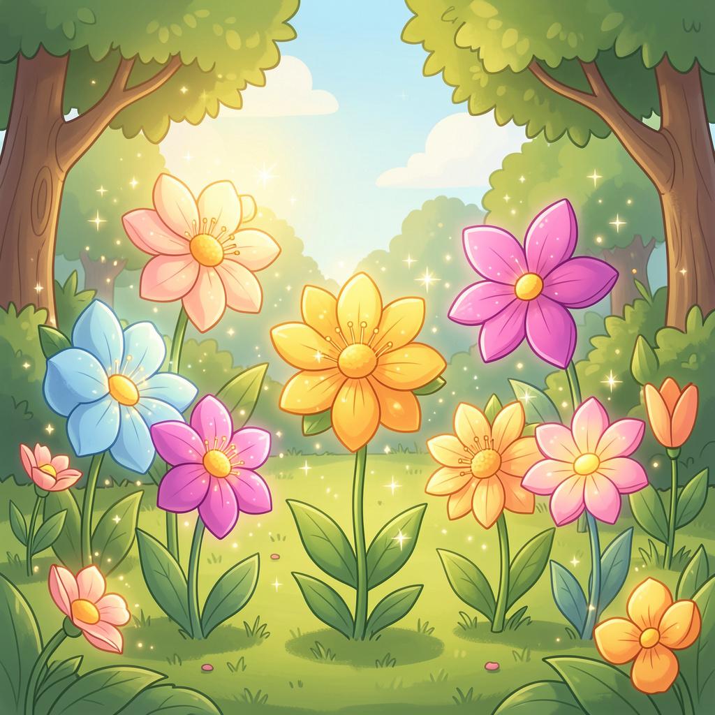 A group of vibrant, glowing magical flowers in a sunny garden.