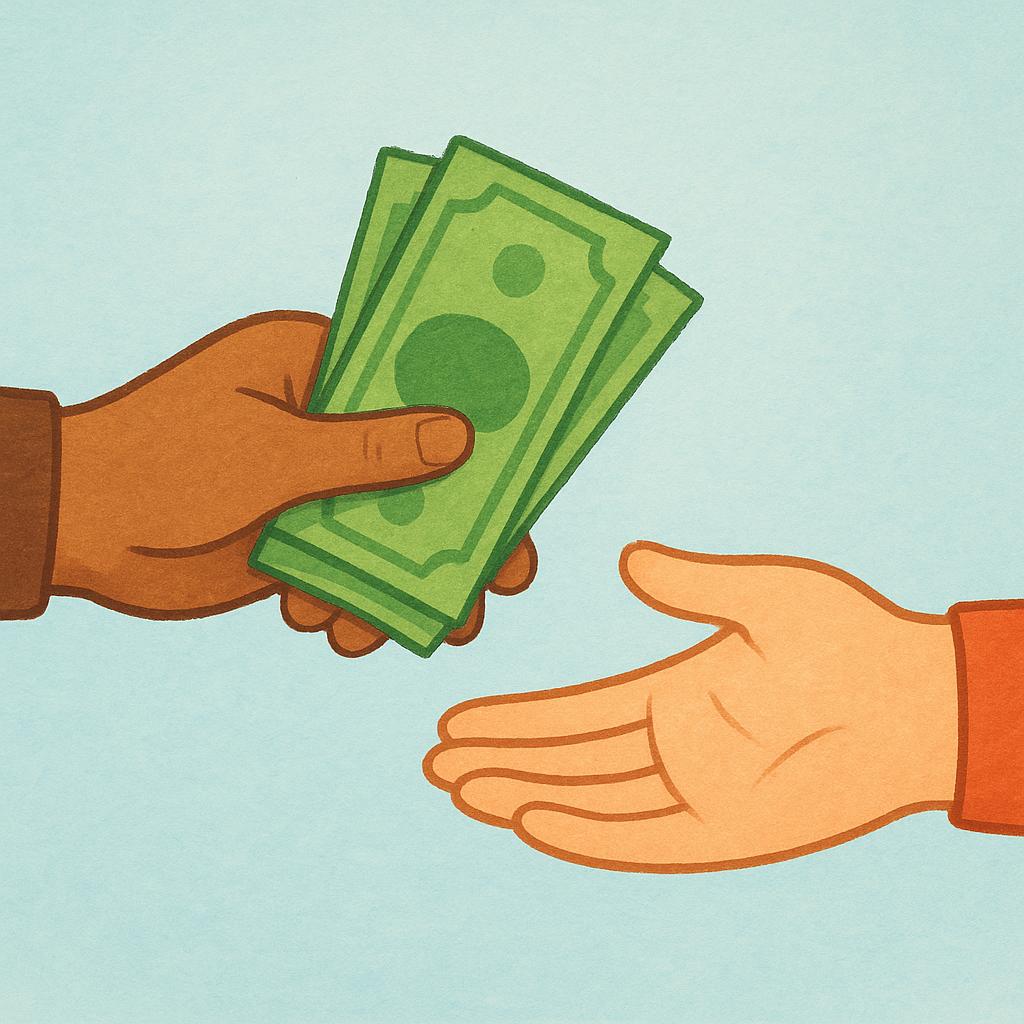A person's hand is extending a few paper bills towards another person's open hand, illustrating the action of payment.