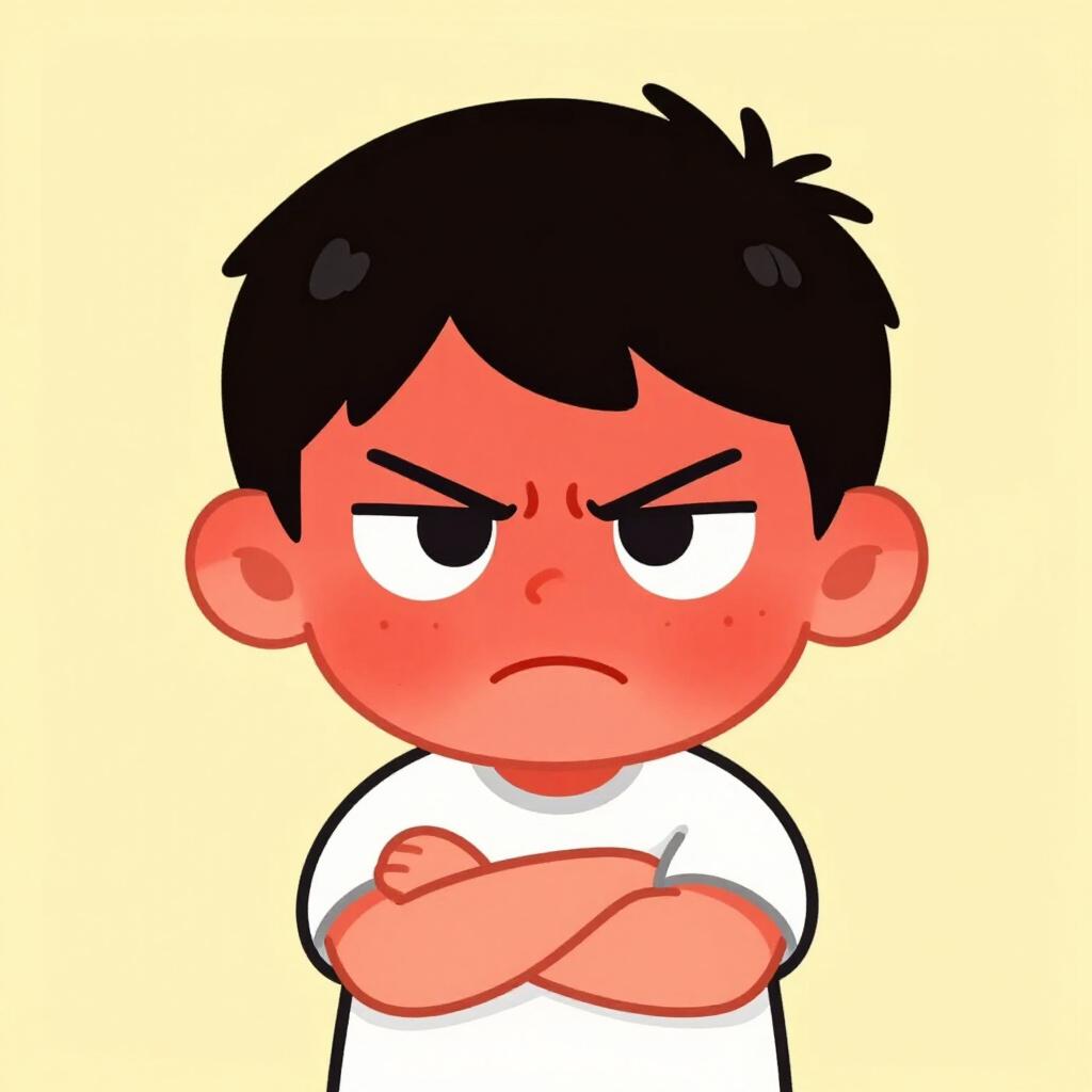 Ein schlecht gelaunter Junge mit knallrotem Gesicht und verschränkten Armen, der sehr wütend aussieht.