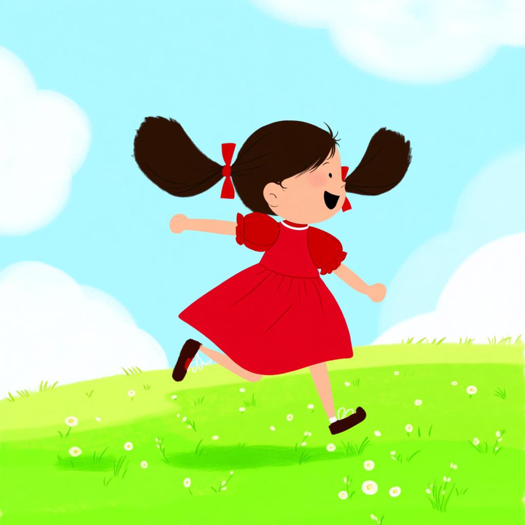 A happy young girl with pigtails wearing a red dress is skipping across a sunny green field.