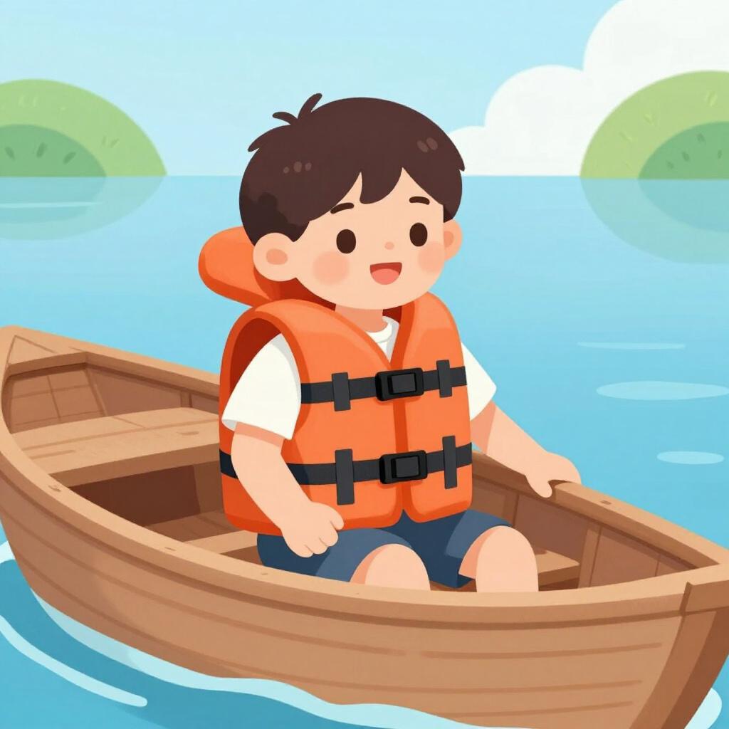 A child wearing a bright orange life jacket while sitting in a small boat.